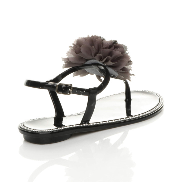 Ajvani Flat Diamante Flower Jelly T-Bar Buckle Beach Sandals - J7112
