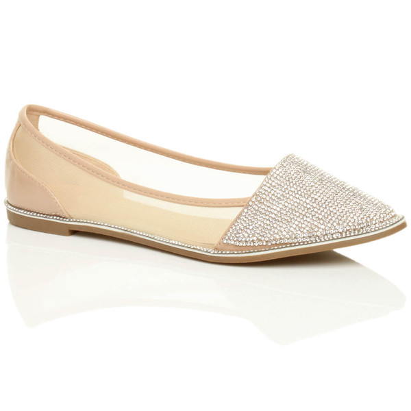 ajvani Flat Diamante Mesh Pointed Toe Ballerina Dolly Shoes - A2484