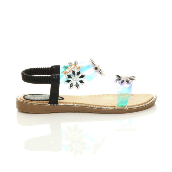Ajvani Flat Diamante Pearl Flower Perspex Slingback T-Bar Sandals - A2825