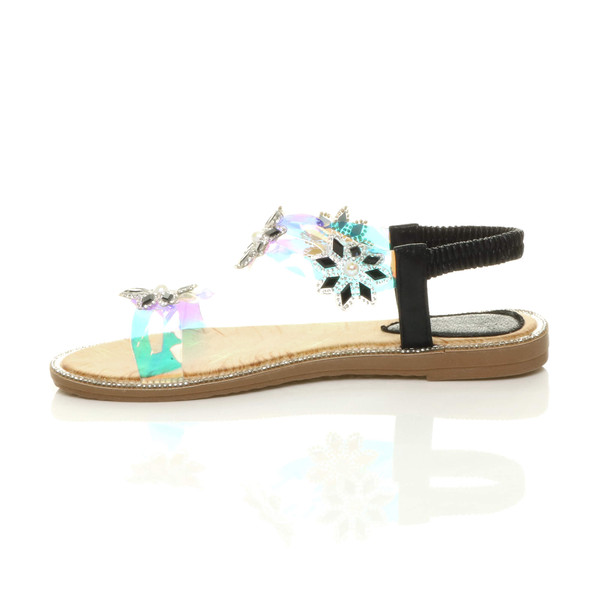 Ajvani Flat Diamante Pearl Flower Perspex Slingback T-Bar Sandals - A2825