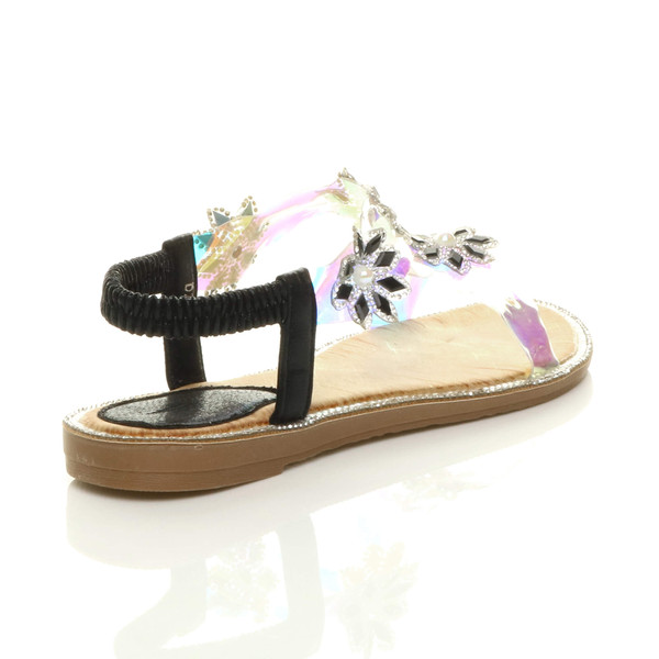 Ajvani Flat Diamante Pearl Flower Perspex Slingback T-Bar Sandals - A2825