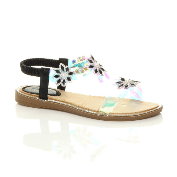 ajvani Flat Diamante Pearl Flower Perspex Slingback T-Bar Sandals - A2825