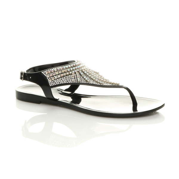 ajvani Flat Diamante T-Bar Buckle Jelly Beach Toe Post Sandals - B3709