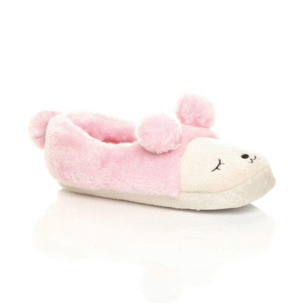 ajvani Flat Faux Fur Pom Pom Bear Face Slippers - D0924