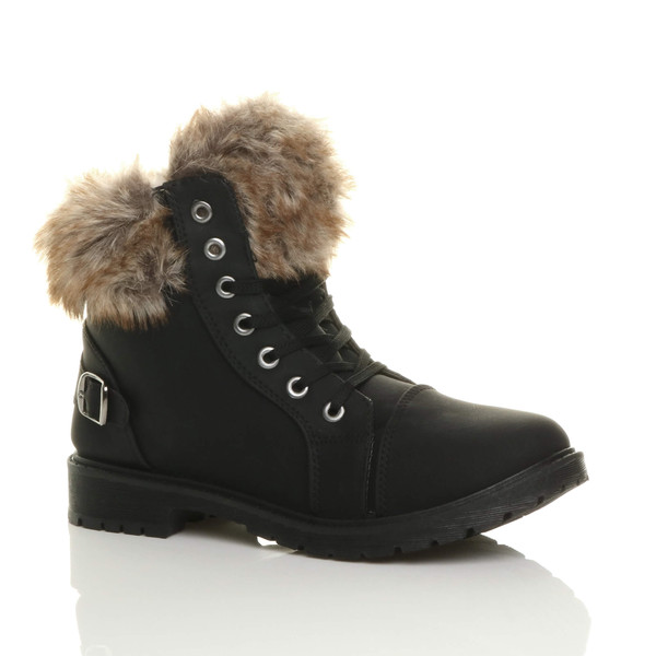 ajvani Flat Low Heel Faux Fur Lined Biker Ankle Boots - J2651