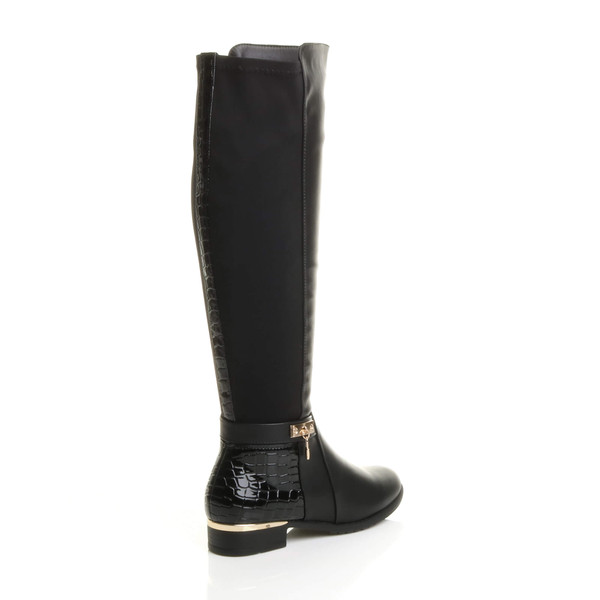 Ajvani Flat Low Heel Knee High Stretch Elastic Croc Riding Boots - B7211