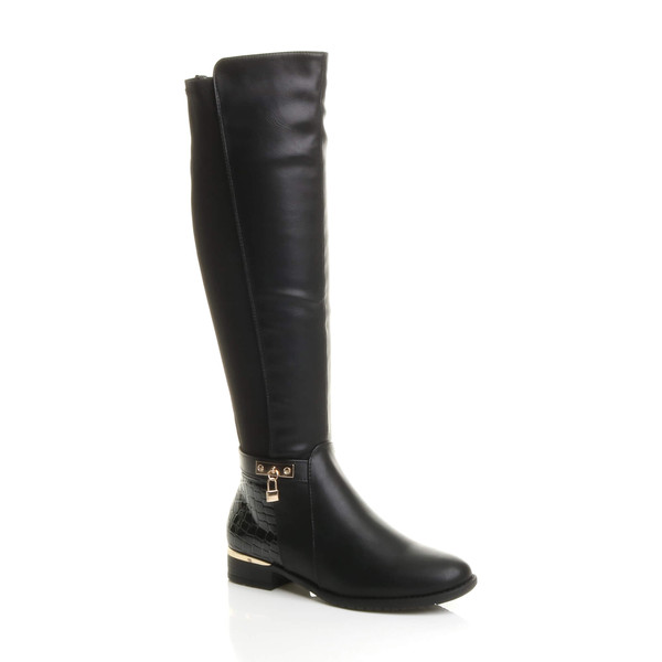 ajvani Flat Low Heel Knee High Stretch Elastic Croc Riding Boots - B7211