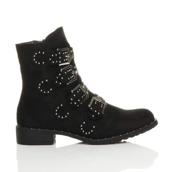 Ajvani Flat Low Heel Studded Buckle Biker Boots - Y7941