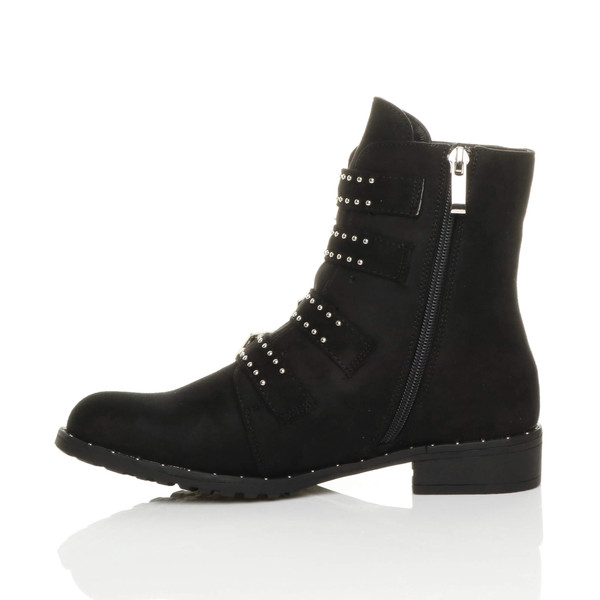 Ajvani Flat Low Heel Studded Buckle Biker Boots - Y7941
