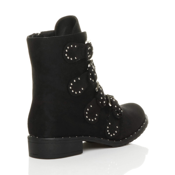 Ajvani Flat Low Heel Studded Buckle Biker Boots - Y7941