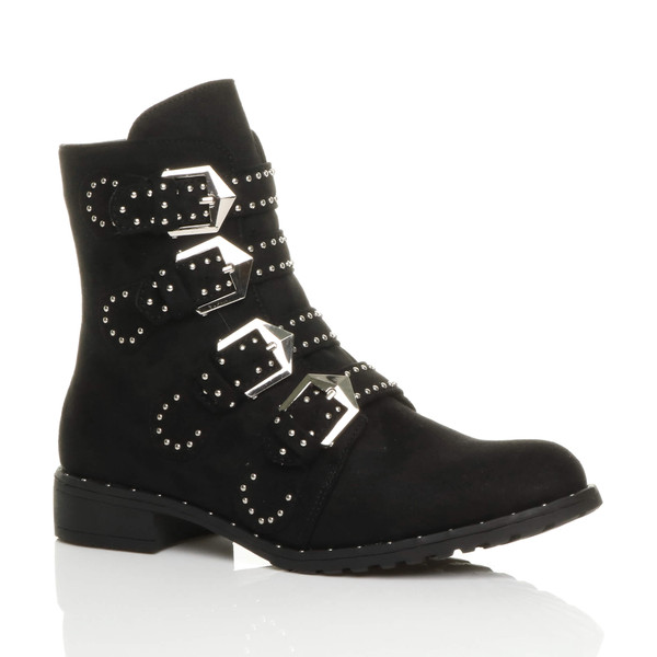 ajvani Flat Low Heel Studded Buckle Biker Boots - Y7941