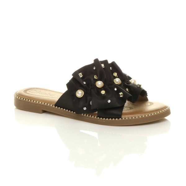 ajvani Flat Pearl Diamante Ruffle Sandals Flip Flops - V3419