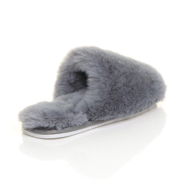 Ajvani Flat Winter Fluffy Fur Lined Slip On Slippers Mules - L7013