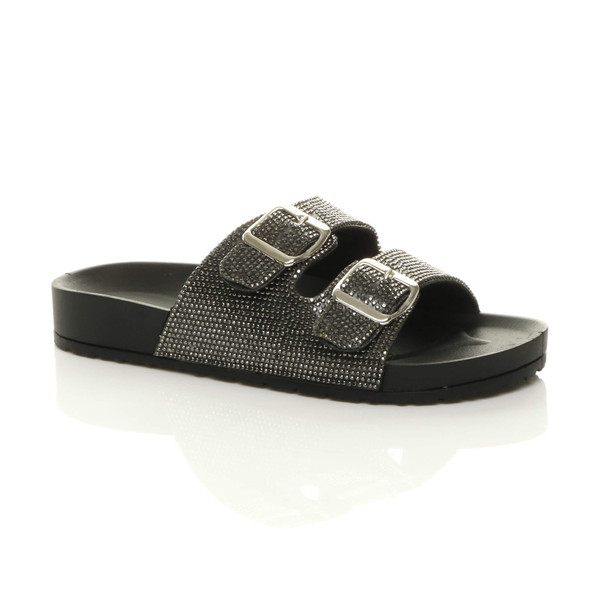 ajvani Flatform Double Buckle Diamante Footbed Sandals Flip Flops Sliders - U5667