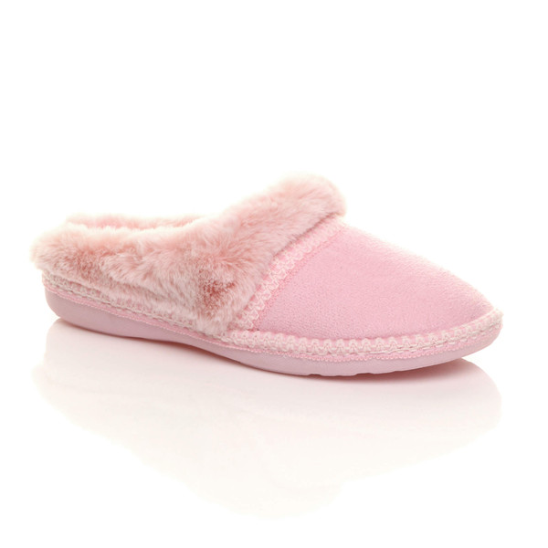 ajvani Fleece Lined Fur Trim Stitch Detail Mule Slippers Scuffs