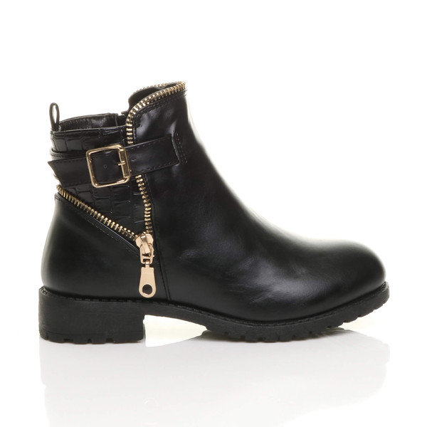Ajvani Girls Low Heel Gold Zip Buckle Combat Biker Ankle Boots Booties