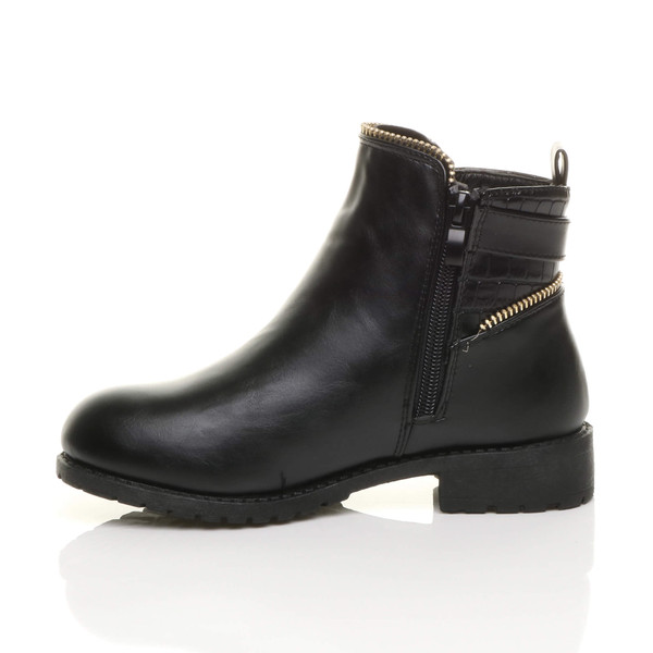 Ajvani Girls Low Heel Gold Zip Buckle Combat Biker Ankle Boots Booties