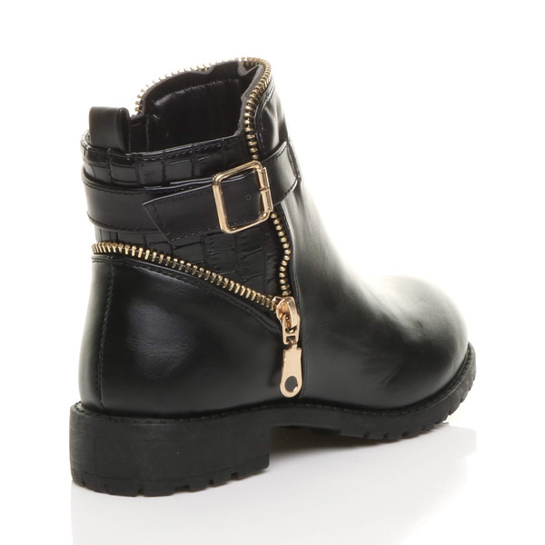 Ajvani Girls Low Heel Gold Zip Buckle Combat Biker Ankle Boots Booties