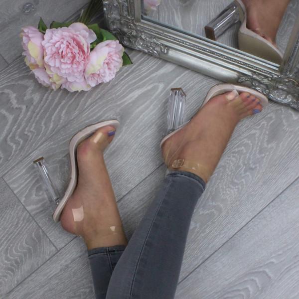Ajvani High Block Heel Barely There Strappy Clear Perspex Sandals - B2159