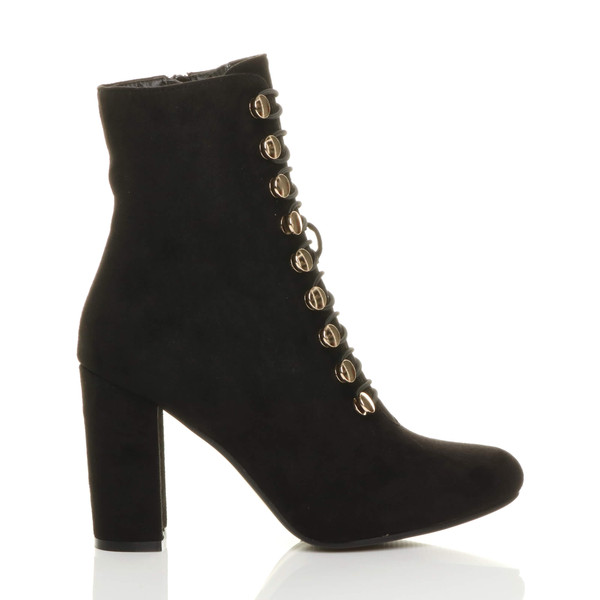 Ajvani High Block Heel Gold Button Military Ankle Boots - V2744