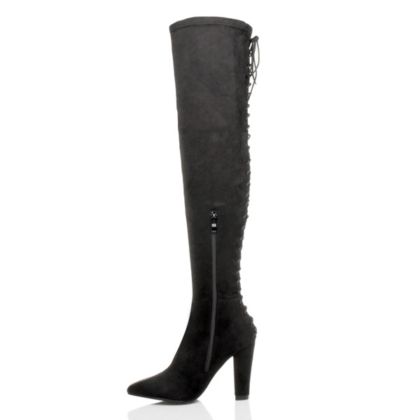 Ajvani High Block Heel Lace Up Corset Back Over The Knee Boots - P3632