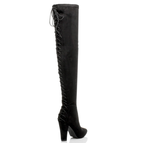 Ajvani High Block Heel Lace Up Corset Back Over The Knee Boots - P3632