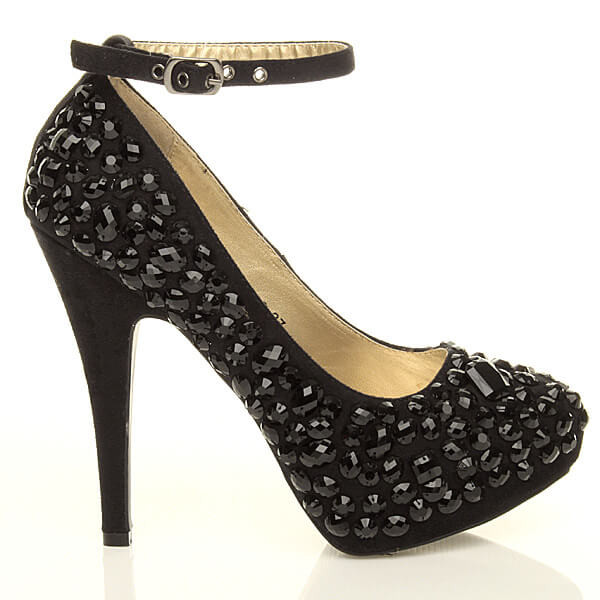 Ajvani High Heel Diamante Ankle Strap Platform Court Shoes - H0537