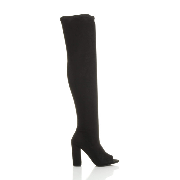 Ajvani High Heel Peep Toe Over Knee Sock Fit Boots - J5585