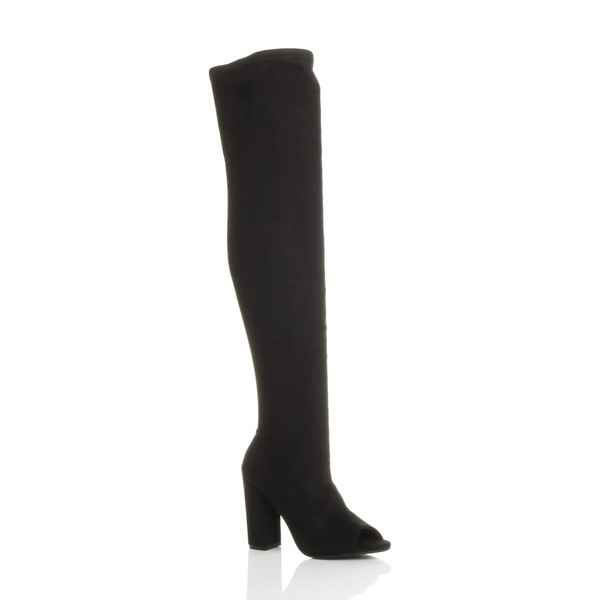 ajvani High Heel Peep Toe Over Knee Sock Fit Boots - J5585