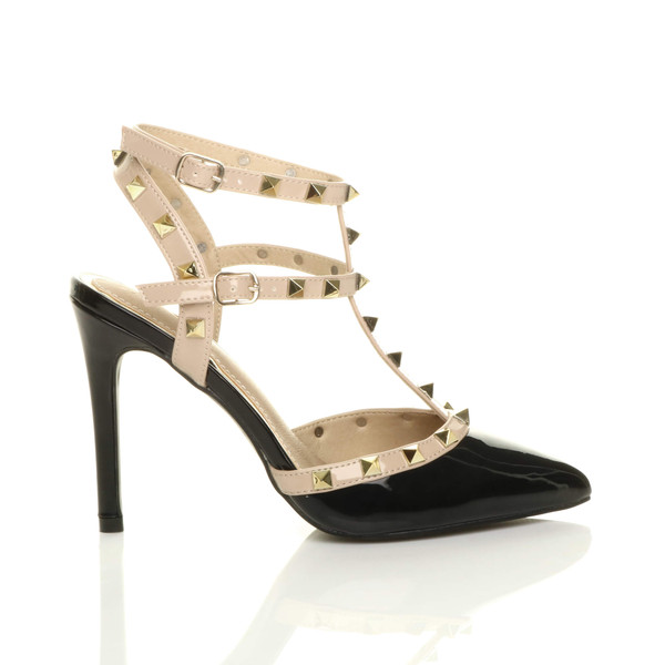 Ajvani High Heel Punk Rock Studded T-Bar Strappy Pointed Shoes - J6870