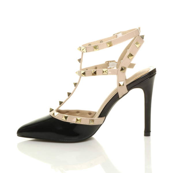 Ajvani High Heel Punk Rock Studded T-Bar Strappy Pointed Shoes - J6870