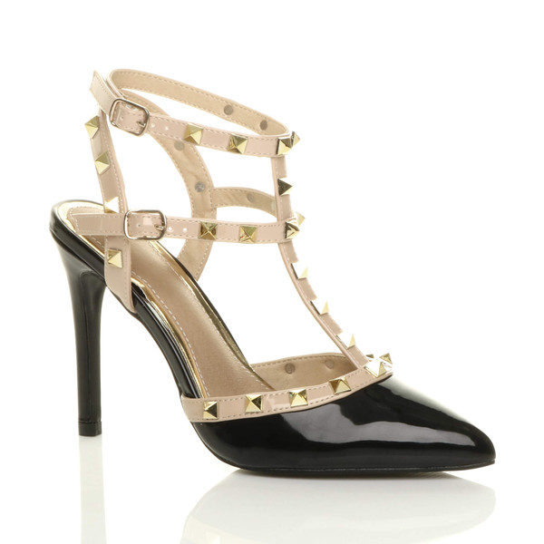 ajvani High Heel Punk Rock Studded T-Bar Strappy Pointed Shoes - J6870