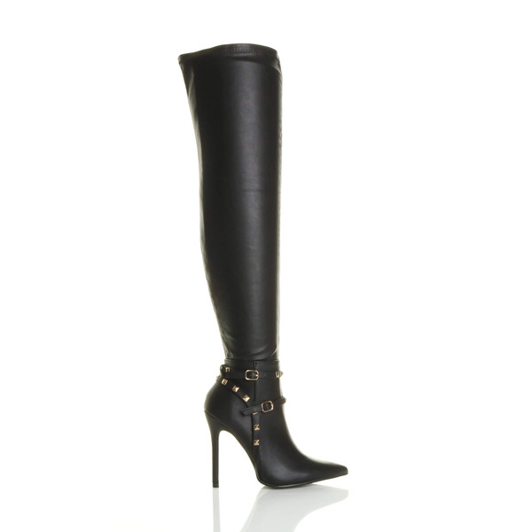 Ajvani High Heel Studded Stirrup Over The Knee Pointed Boots - U7070