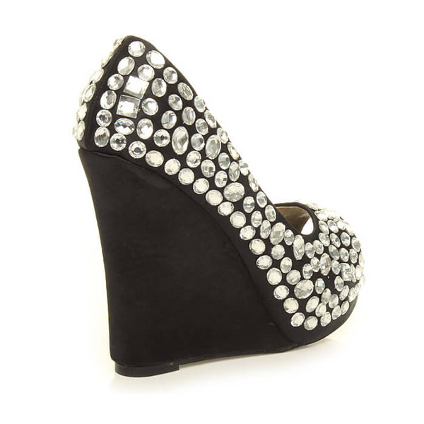 Ajvani High Heel Wedge Diamante Gem Peep Toe Shoes - Z7724