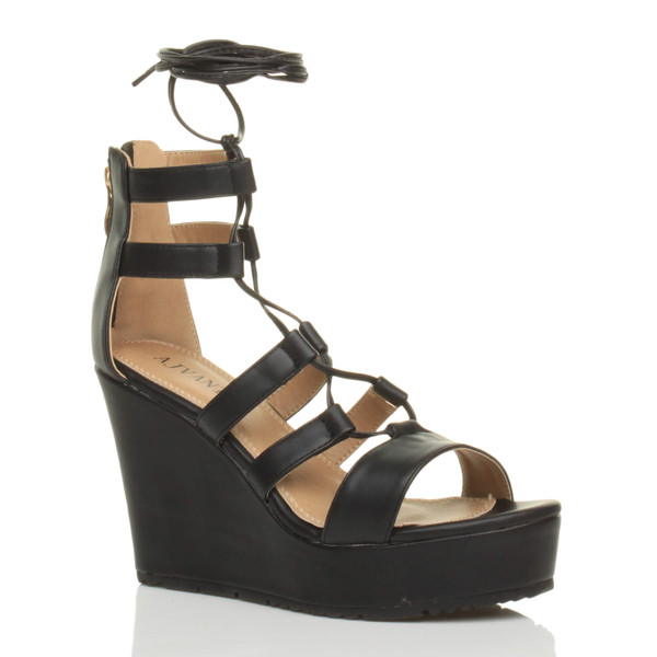 ajvani High Heel Wedge Lace Up Ghillie Sandals - Q4024