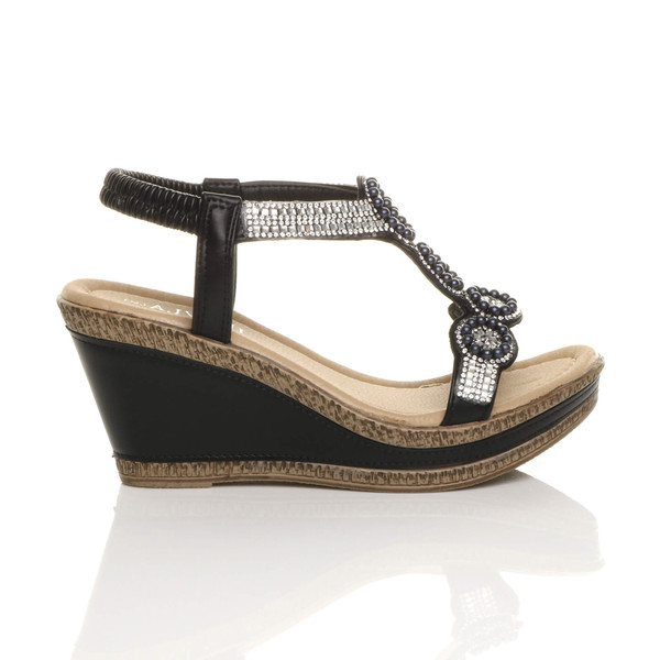 Ajvani High Wedge Heel Diamante Beaded Platform Slingback Sandals - W0223