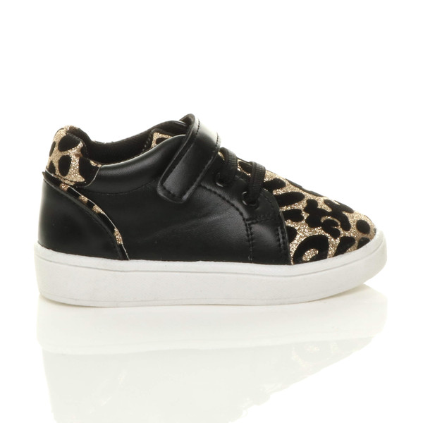 Ajvani Infants Flat Lace Up Hook & Loop Glitter Leopard Print Trainers - B3367