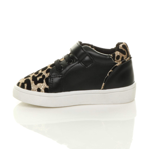Ajvani Infants Flat Lace Up Hook & Loop Glitter Leopard Print Trainers - B3367