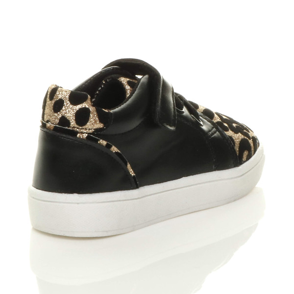 Ajvani Infants Flat Lace Up Hook & Loop Glitter Leopard Print Trainers - B3367