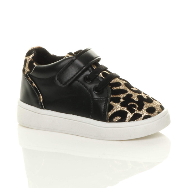 ajvani Infants Flat Lace Up Hook & Loop Glitter Leopard Print Trainers - B3367
