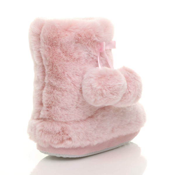 Ajvani Kids Fluffy Pom Pom Ankle Boots Slippers Fur Booties
