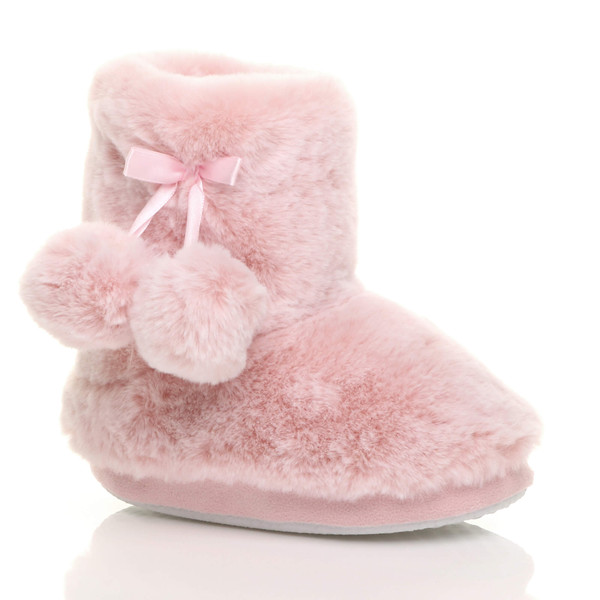ajvani Kids Fluffy Pom Pom Ankle Boots Slippers Fur Booties
