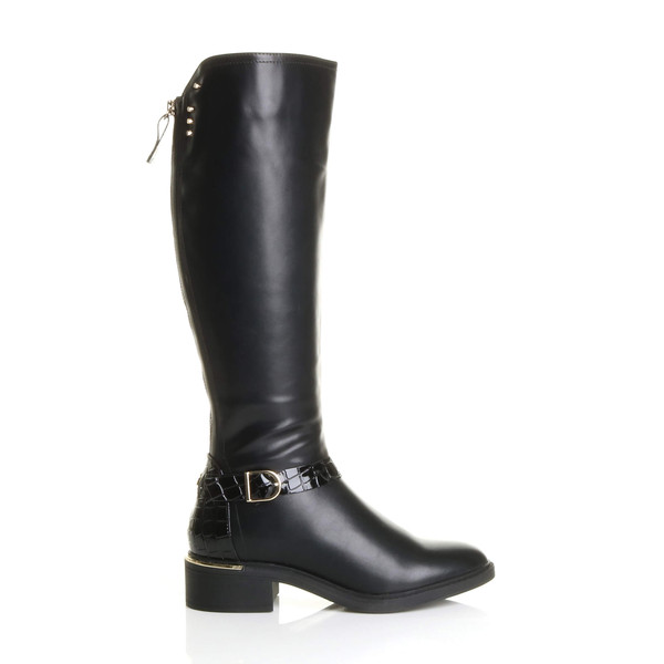 Ajvani Low Block Heel Buckle Gold Zip Stretch Calf Riding Boots - C6302