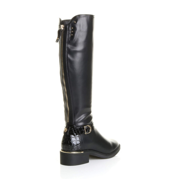 Ajvani Low Block Heel Buckle Gold Zip Stretch Calf Riding Boots - C6302