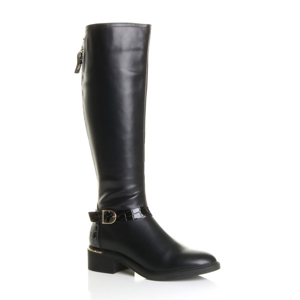ajvani Low Block Heel Buckle Gold Zip Stretch Calf Riding Boots - C6302