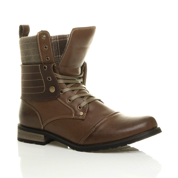 Ajvani Low Heel Fold Over Padded Cuff Military Ankle Boots - H8704