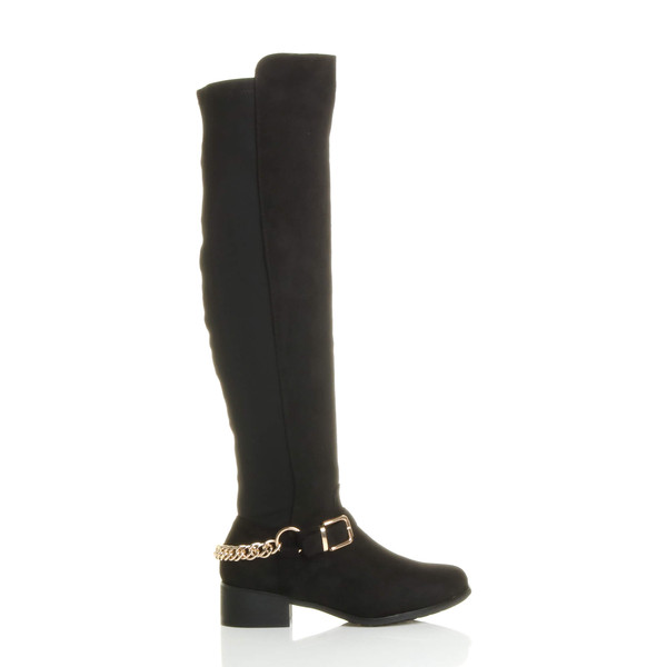 Ajvani Low Heel Gold Chain Stretch Over The Knee Boots - E6628