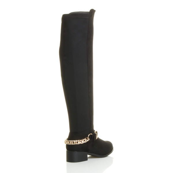 Ajvani Low Heel Gold Chain Stretch Over The Knee Boots - E6628