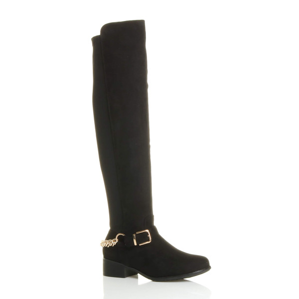 ajvani Low Heel Gold Chain Stretch Over The Knee Boots - E6628