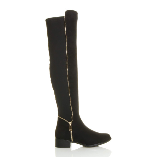 Ajvani Low Heel Gold Zip Stretch Over The Knee Boots - P5118